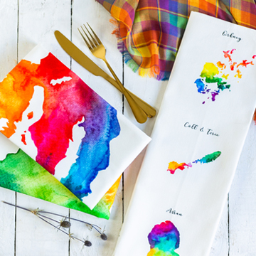 Colourful watercolour maps of the Scottish Isles printed on tea towels