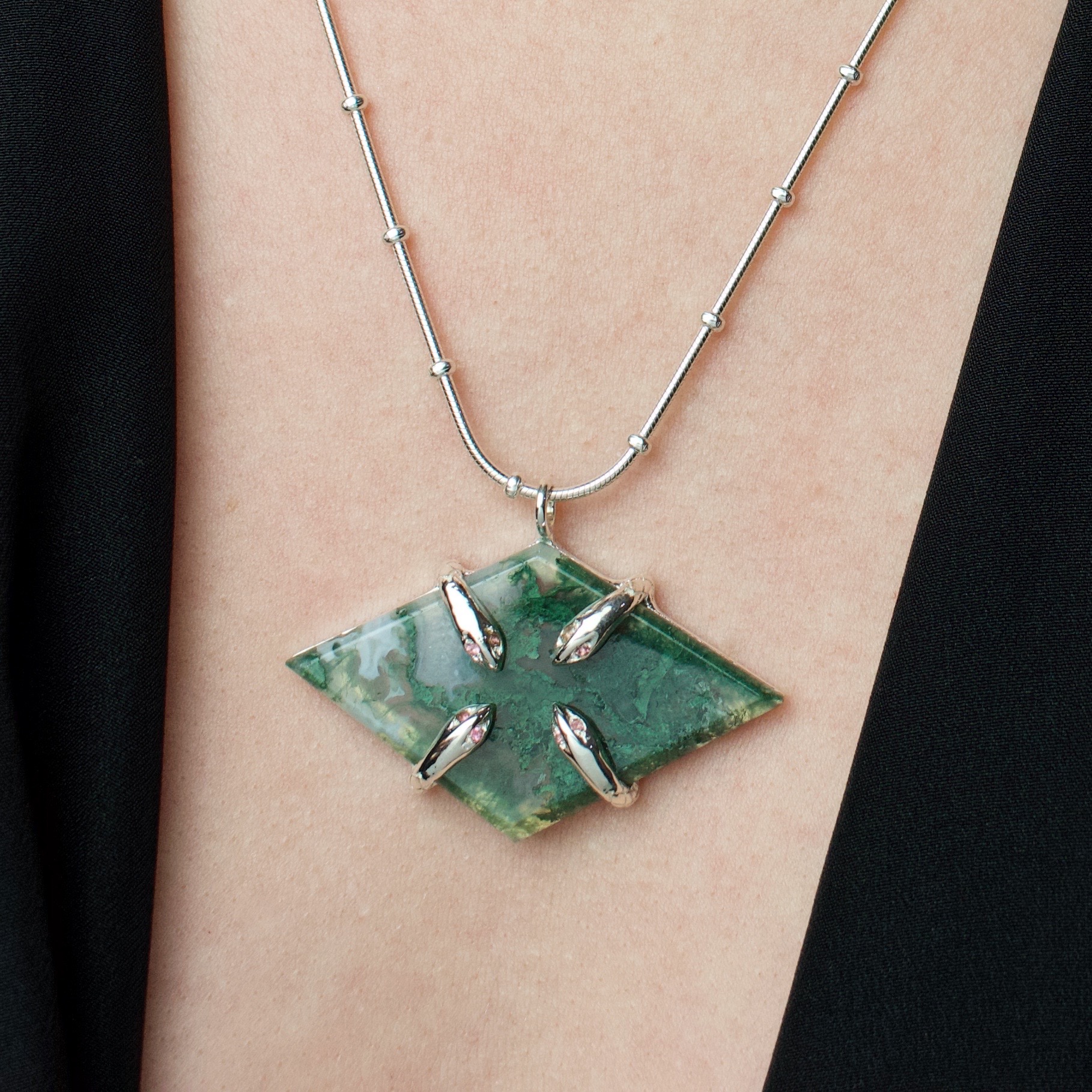 Moss Agate and Pink Tourmaline Serpent Necklace