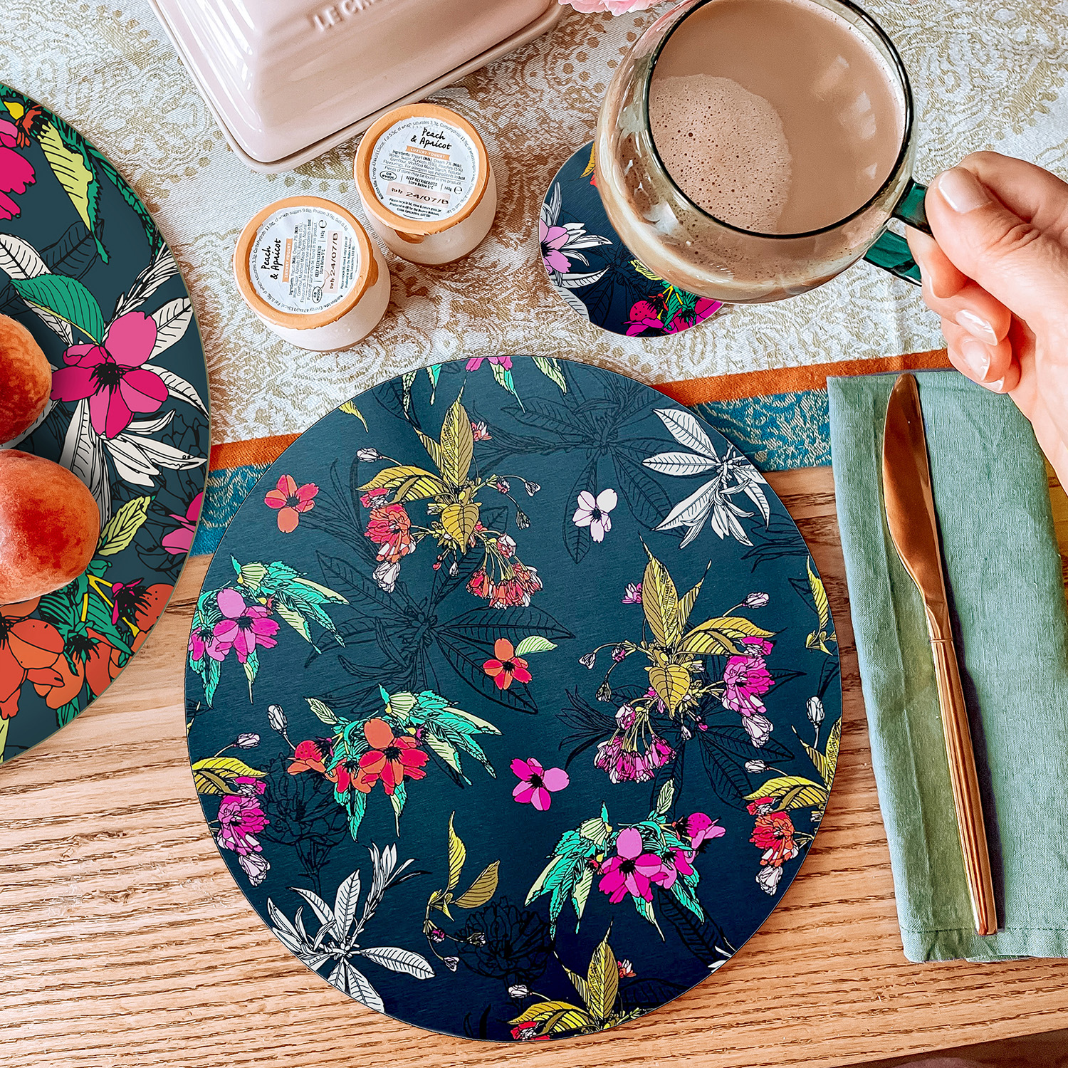 Chica Camellia Teal Placemat and Coaster