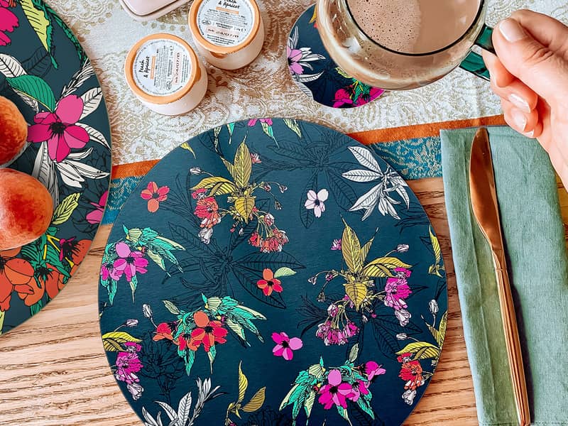 Chica Camellia Teal Placemat and Coaster