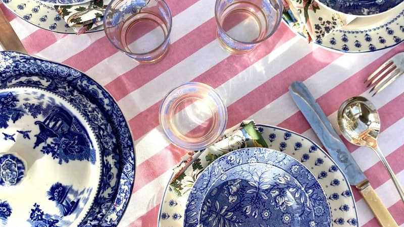 Pink and white striped tablecloth