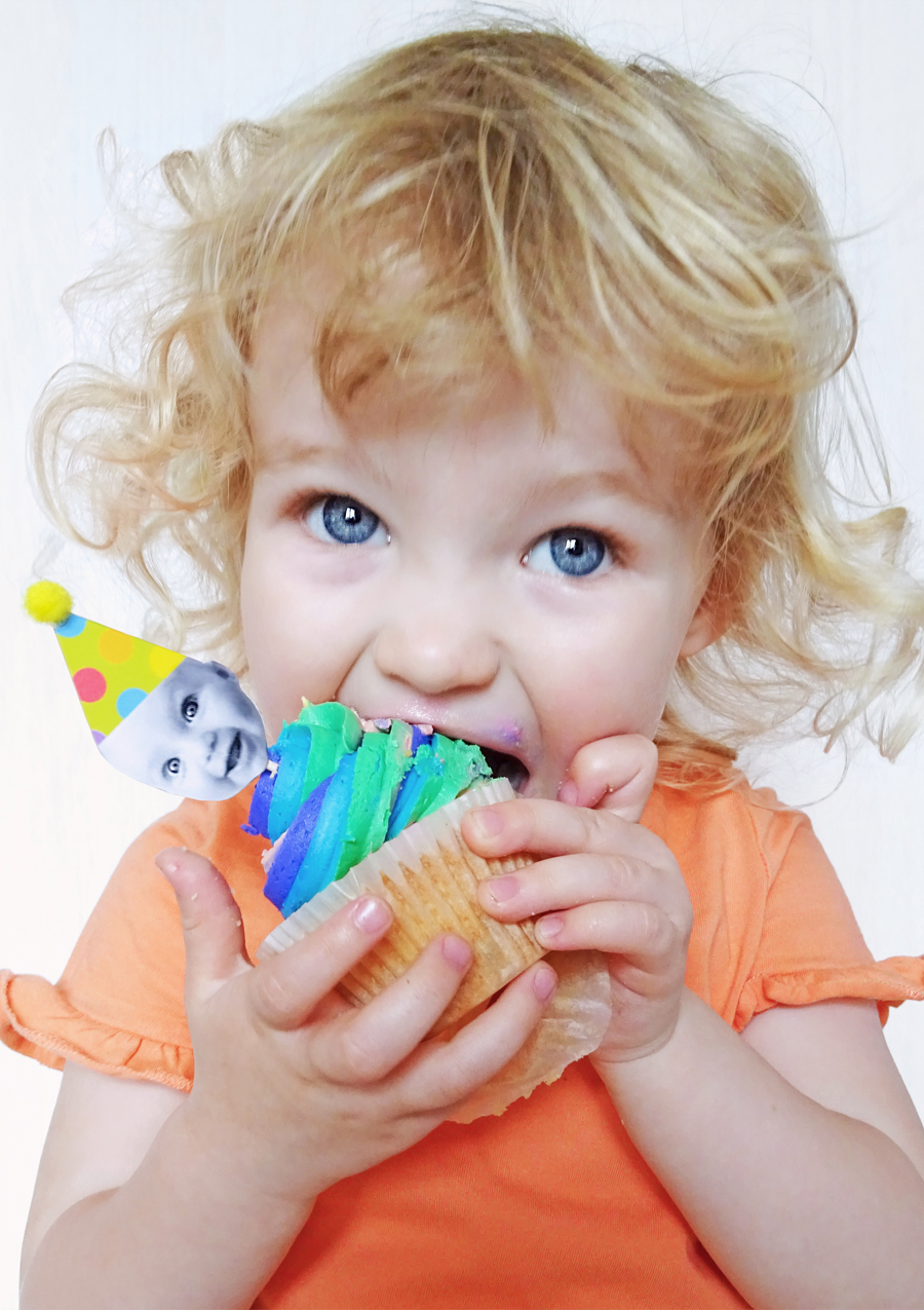 Matilda eating cake with happy head topper