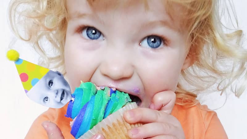 Matilda eating cake with happy head topper