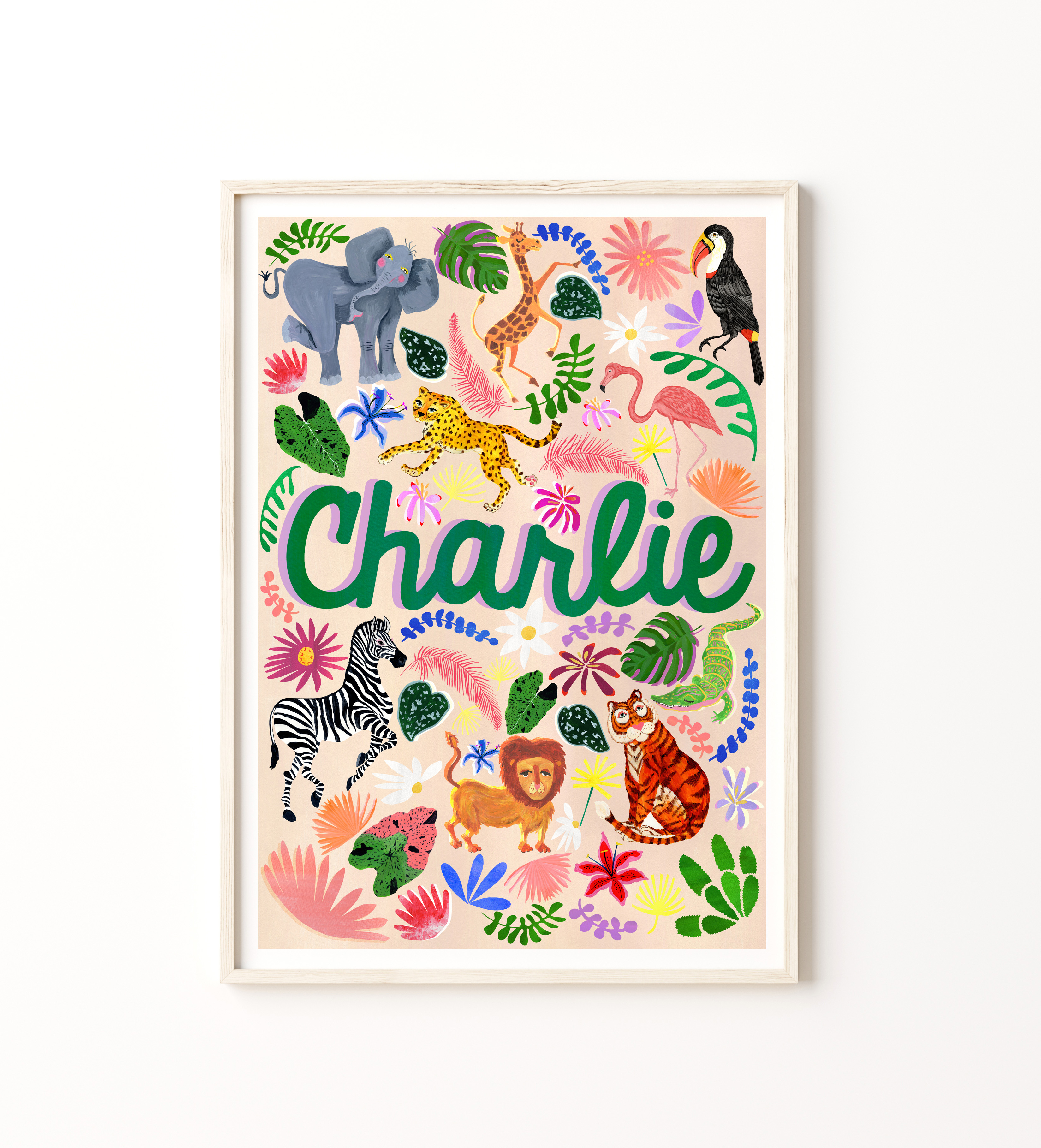 A colourful hand painted initial print of a letter R in coral pink, yellow base surround by pink and green tropical leaves