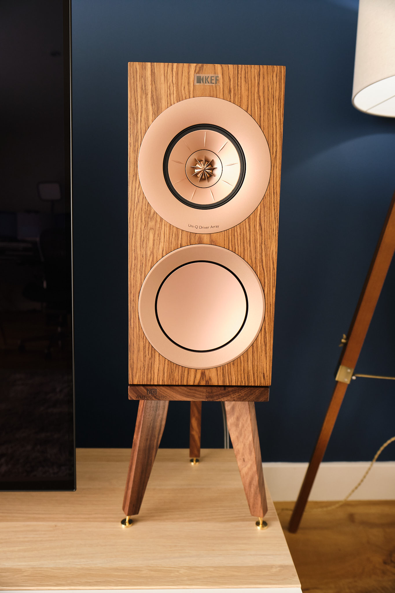Image showing the KEF R3 Speaker on Walnut Egret Stand