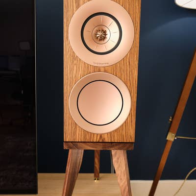 Image showing the KEF R3 Speaker on Walnut Egret Stand