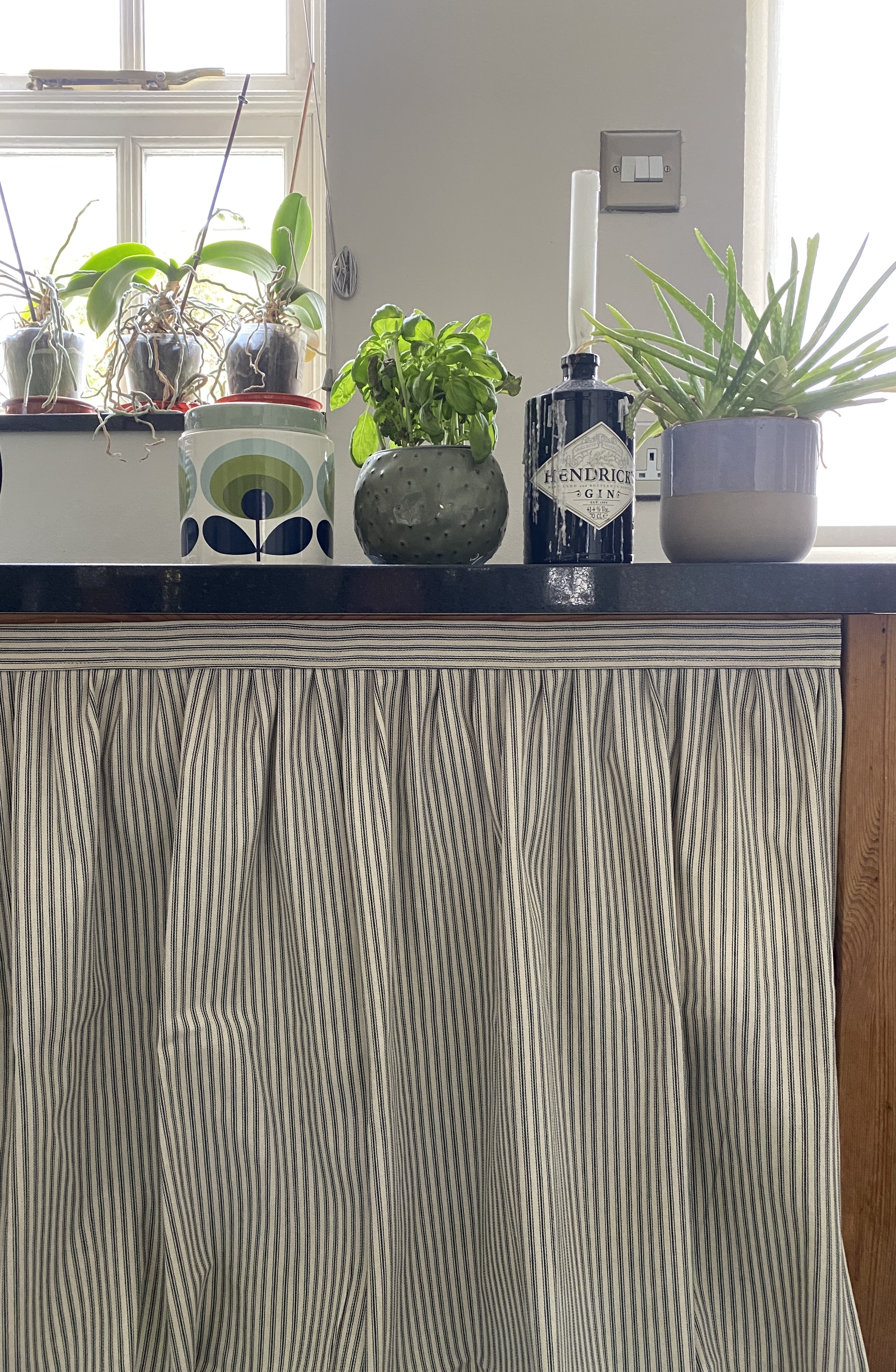 Stripy cabinet curtain under black counter with Orla Kiley jar, plants and a bottle of Hendricks gin
