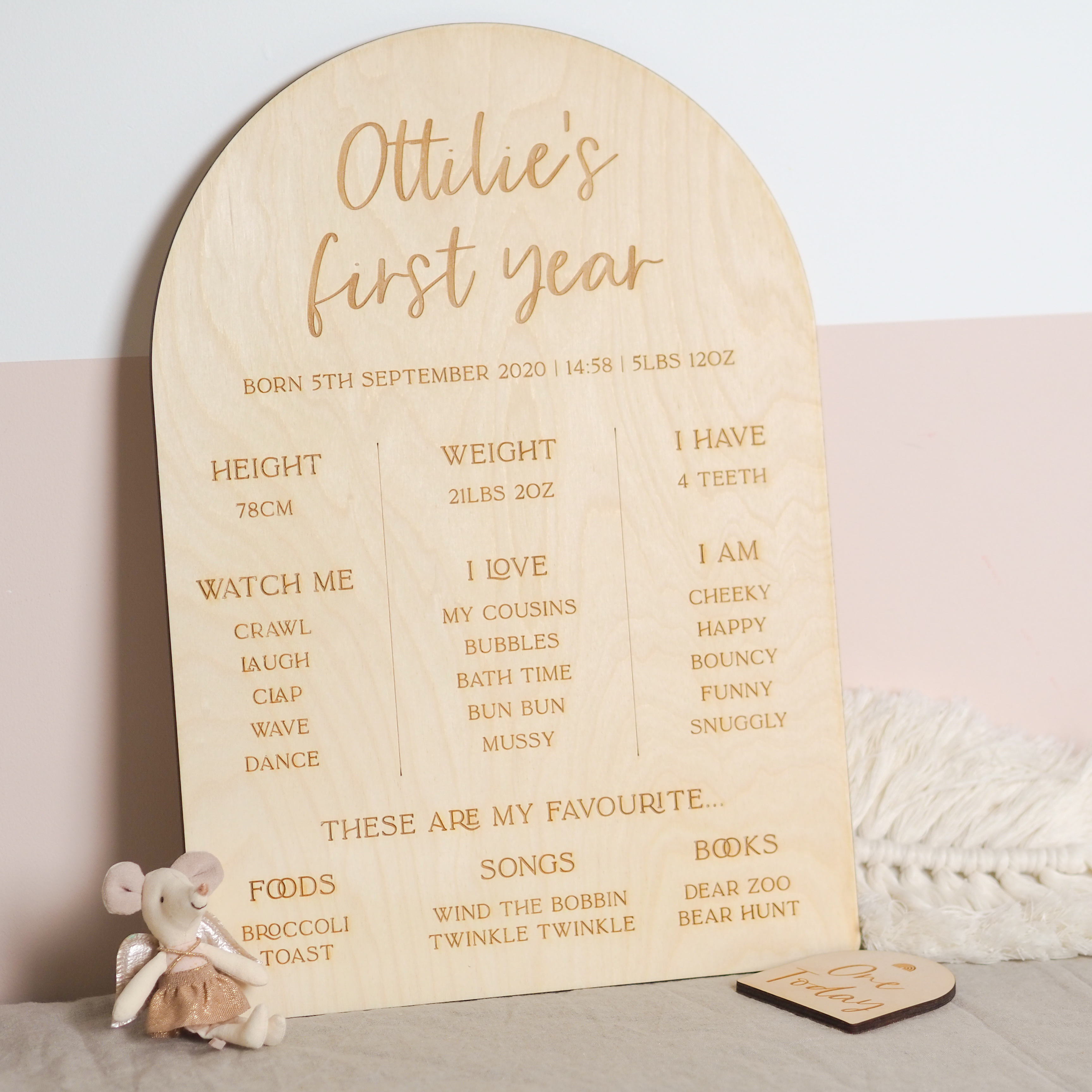 Print in a poster hanger on a two tone pink and white wall in a nursery