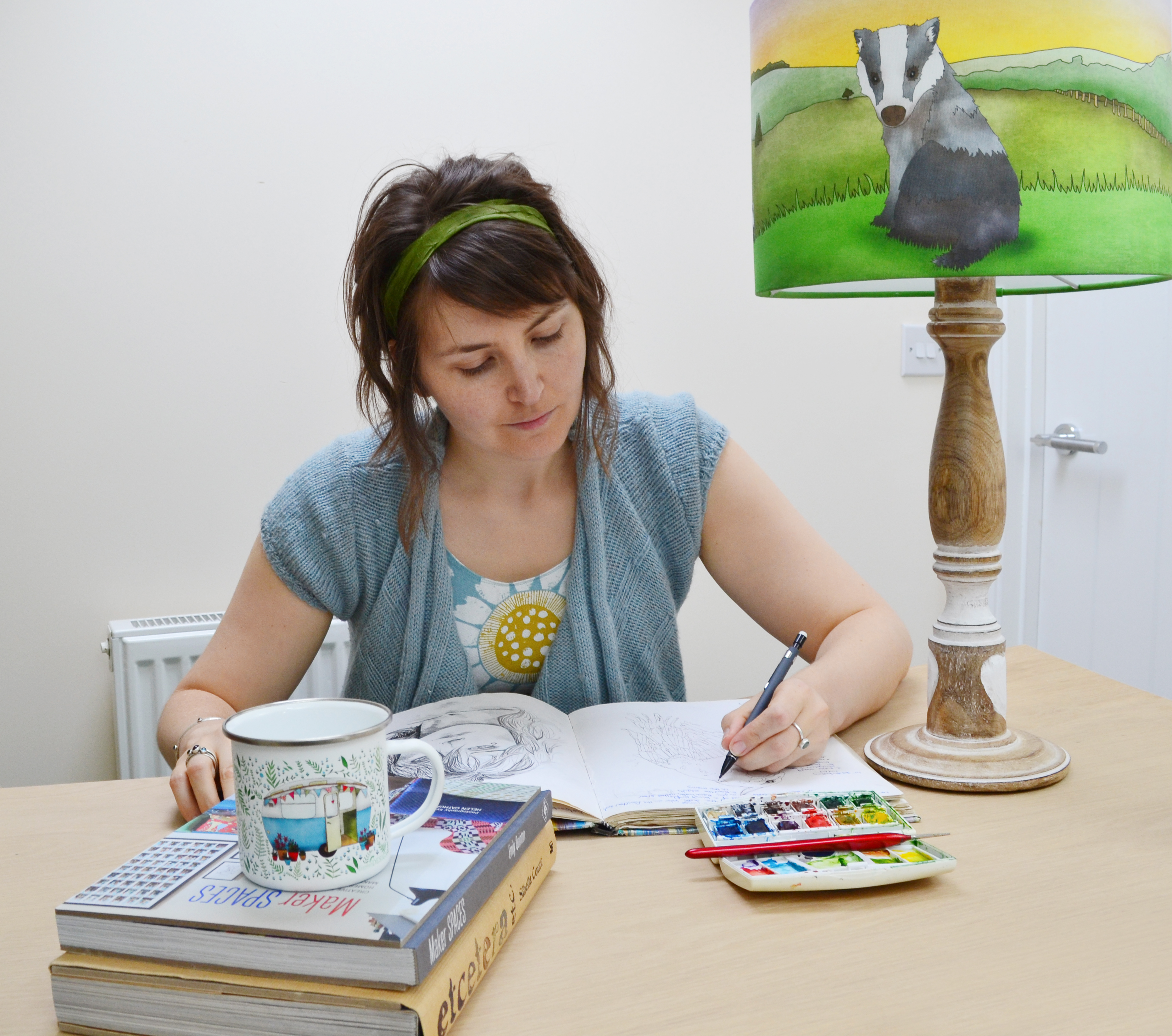 UK illustrator Ceridwen Hazelchild creating whimsical woodland artwork in her home studio for prints and children’s lampshades.