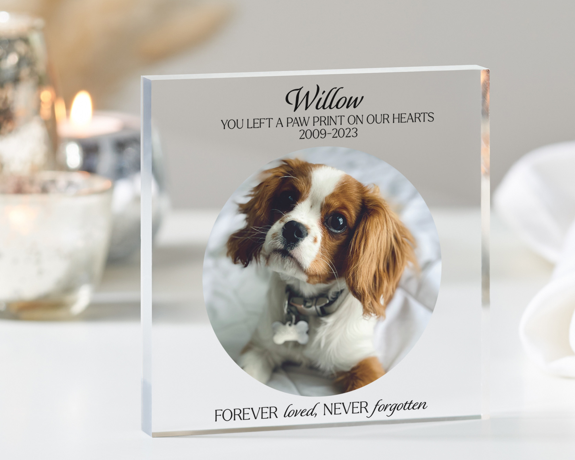 Pet memorial photo blocks, personalised with name, quote and years.