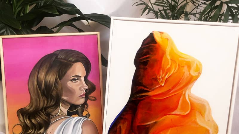 Kate Carter Art paintings. Left; Sweet like Cinnamon - portrait of Lana Del Ray. Right - Billow, part of the Absence of Figure series