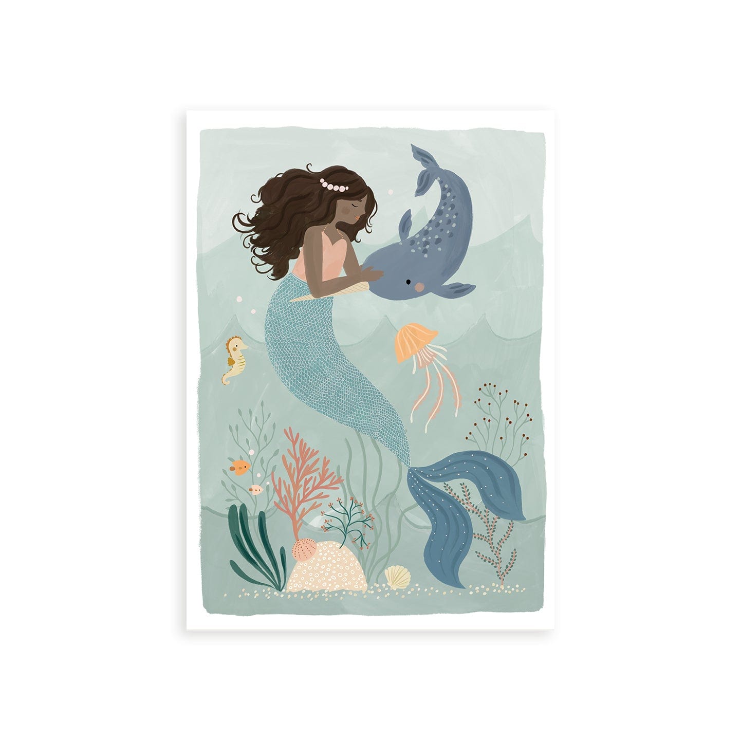 A mermaid with black hair playing with a narwhal on a sea blue/green background.