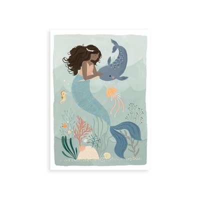 A mermaid with black hair playing with a narwhal on a sea blue/green background.