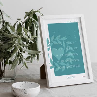 framed a4 poster that reads 'cherish home sweet home'