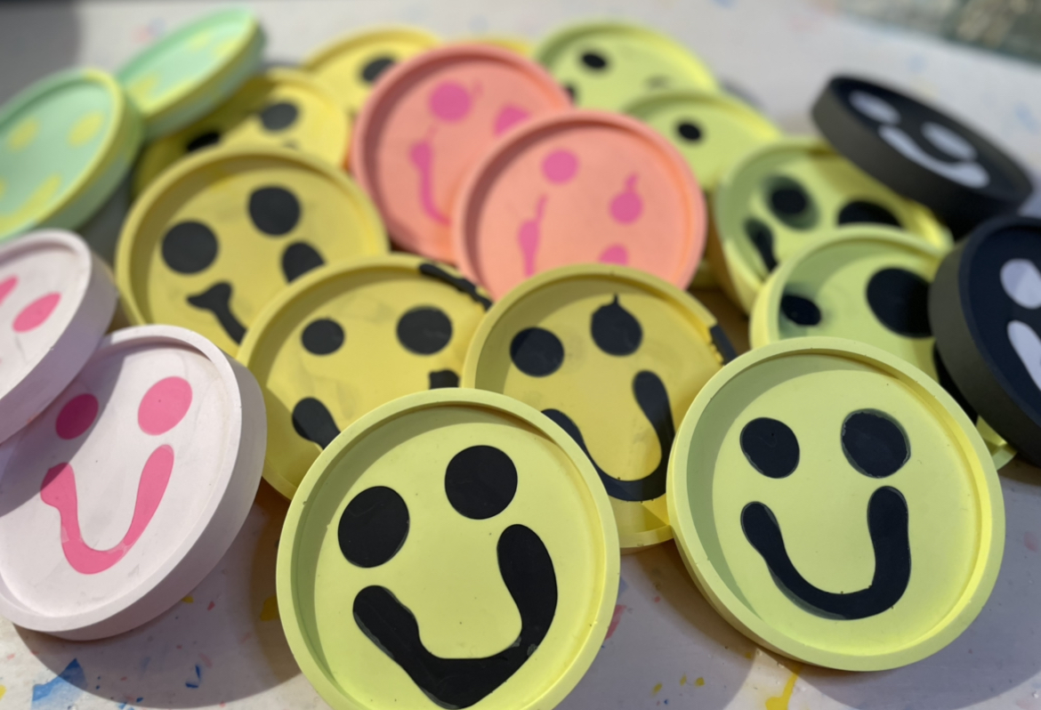 smiley neon yellow pink coasters