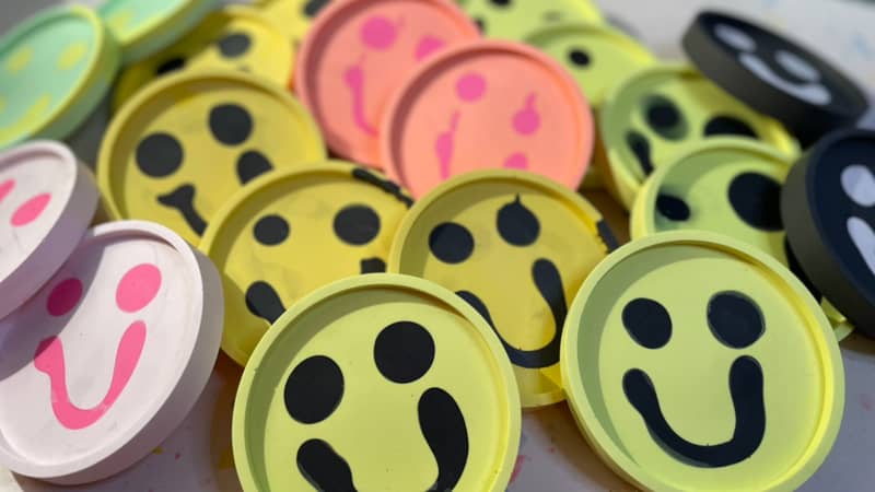 smiley neon yellow pink coasters