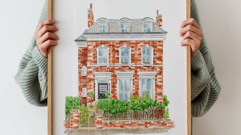 A beautifully detailed watercolor-style illustration of a red-brick house, framed and held by a person in a cozy sweater.
