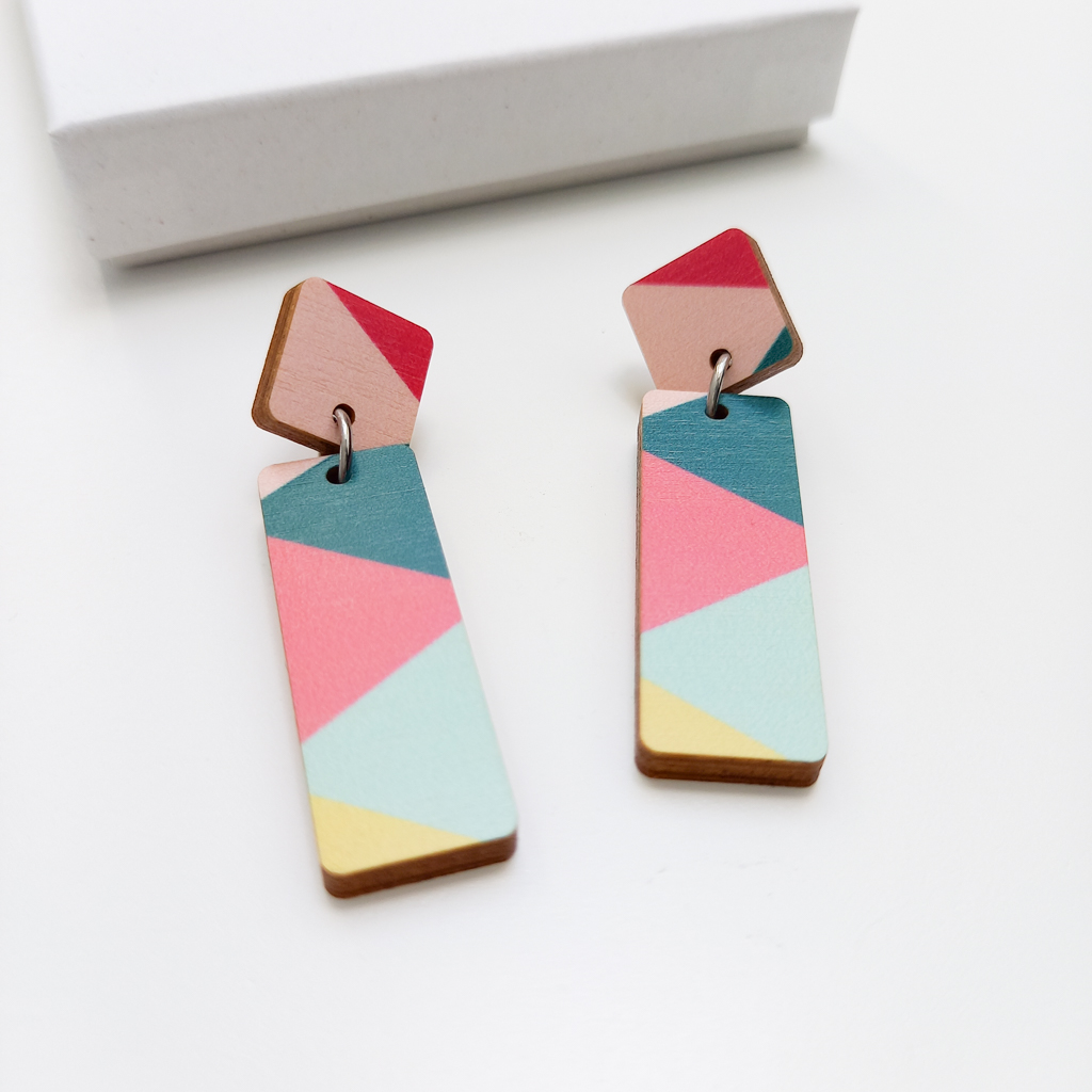 Unique Ella Wooden JewUnique Ella Wooden Dangle Earrings Geometric Colourful Pattern