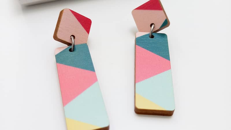 Unique Ella Wooden JewUnique Ella Wooden Dangle Earrings Geometric Colourful Pattern