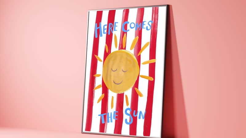 hand painted sun on red and white stripes with blue typography song lyrics