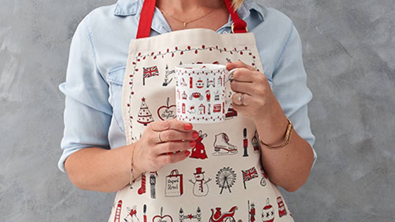 Victoria Eggs London Christmas apron, made in Britain.