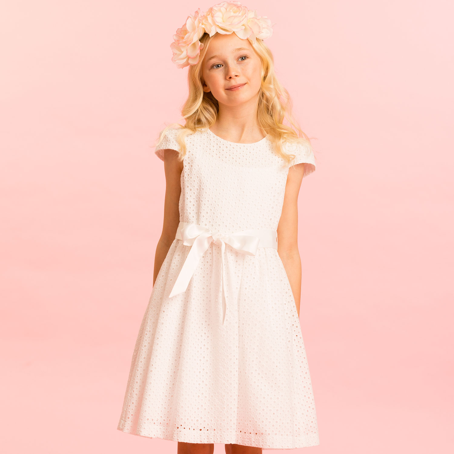Girls White Cotton Embroidered Party Dress