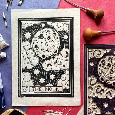 full moon lino cut