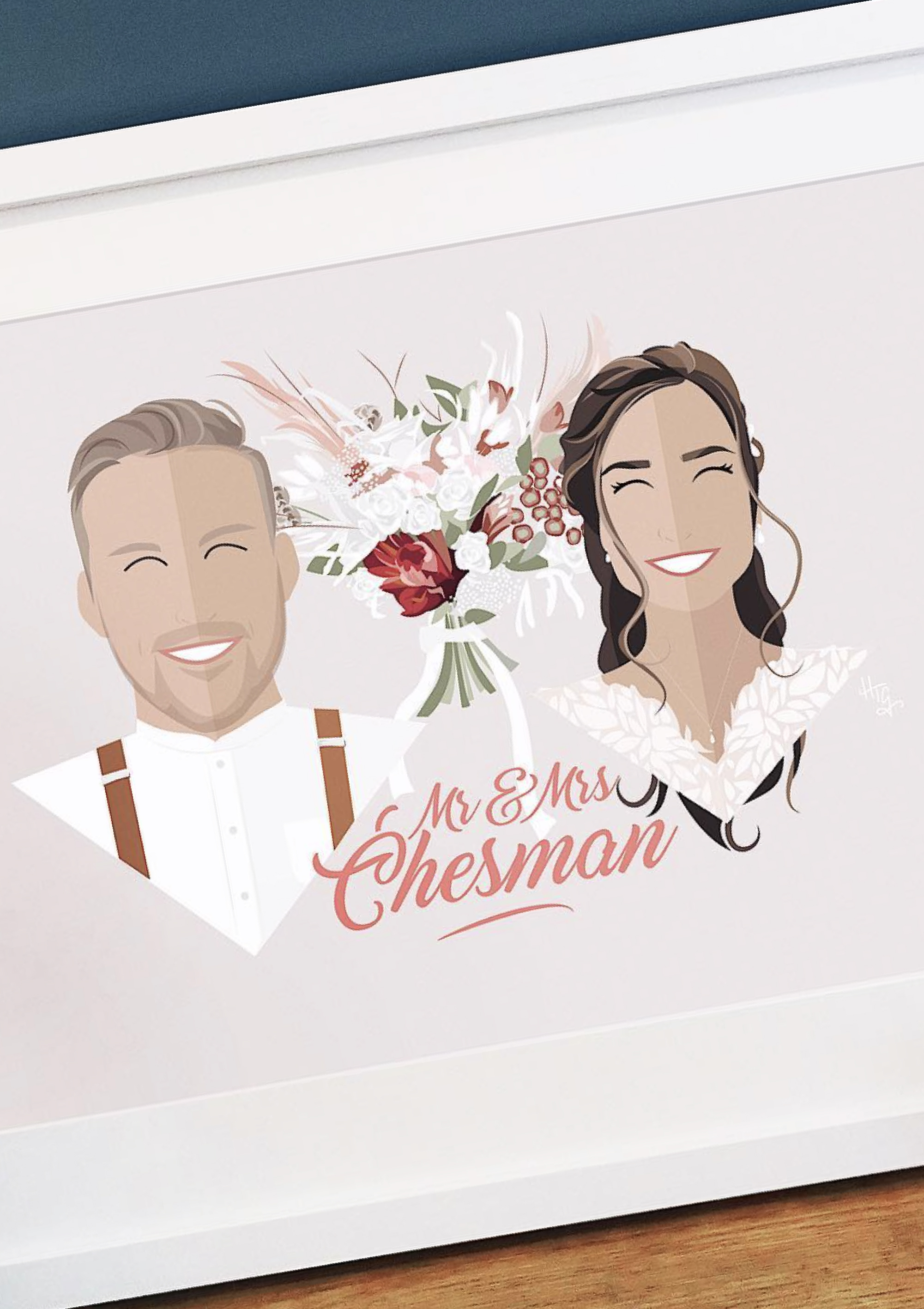 Wedding Couple & Bouquet Personalised Portrait Print