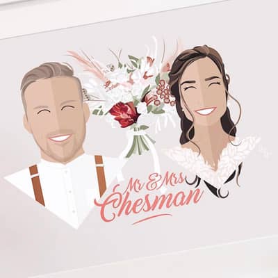 Wedding Couple & Bouquet Personalised Portrait Print