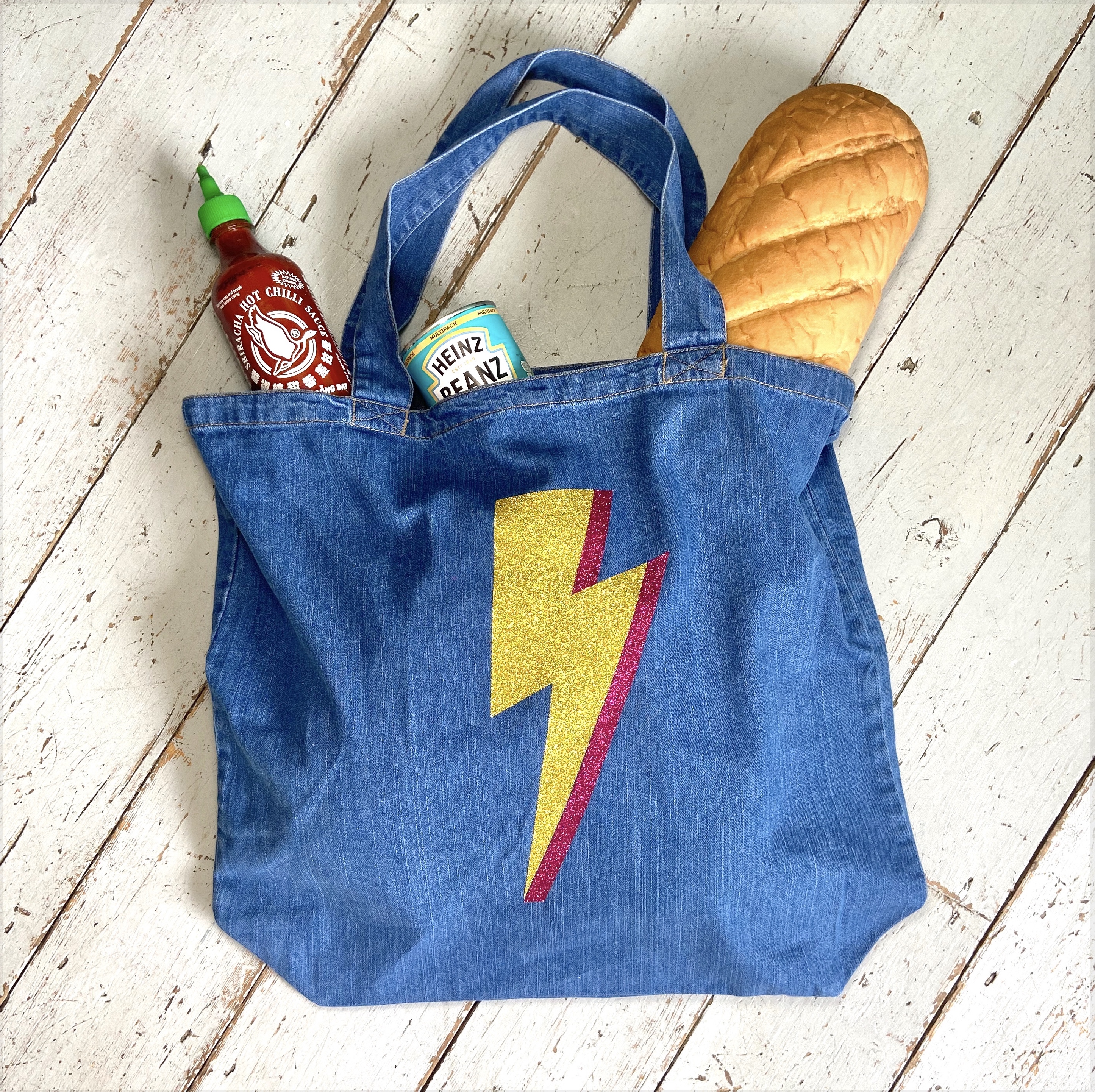 Lightning bolt denim shopping bag