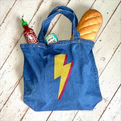 Lightning bolt denim shopping bag