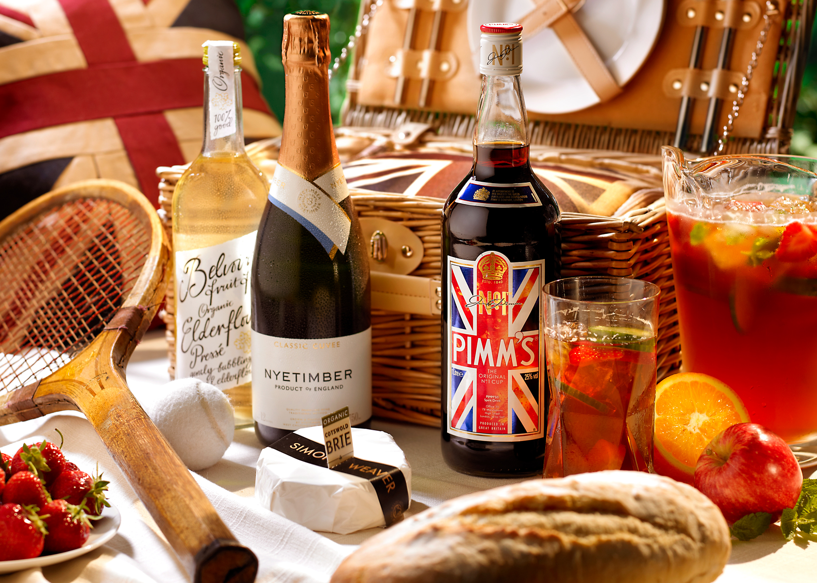 Open-air picnic hamper spread.