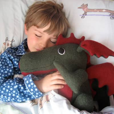 boy asleep with soft toy dragon by cdbdi