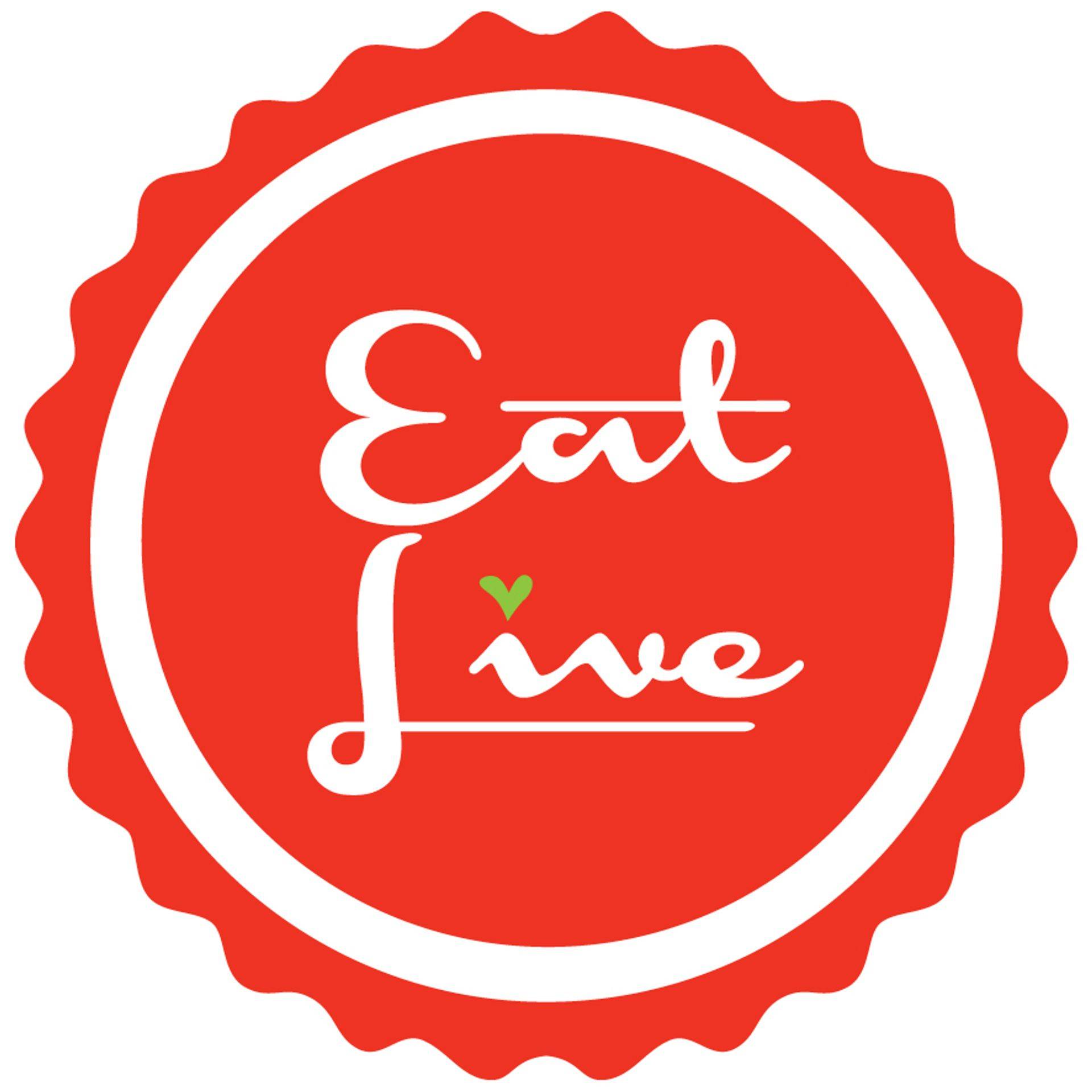 Logo - red stamp with words Eat Live inside with herb over 'i'