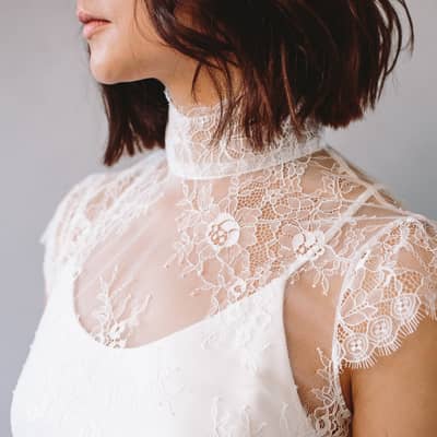 Bridal separates, Lace short sleeved, high neck bridal top with bridal camisole underneath. Affordable stylish bridal separates.