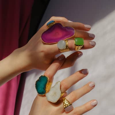 Awesone ULTRA MEGA rings by YAA YAA LONDON with agate stone. Each ring is one of a kind and bursting with character and colour.