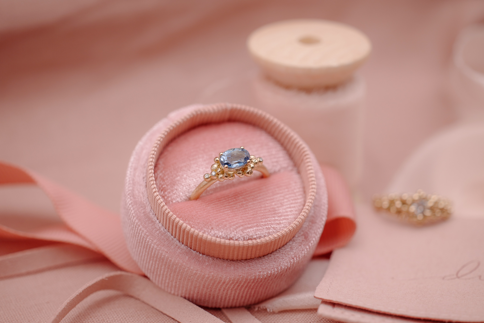 Granulated recycled gold and sapphire ring.