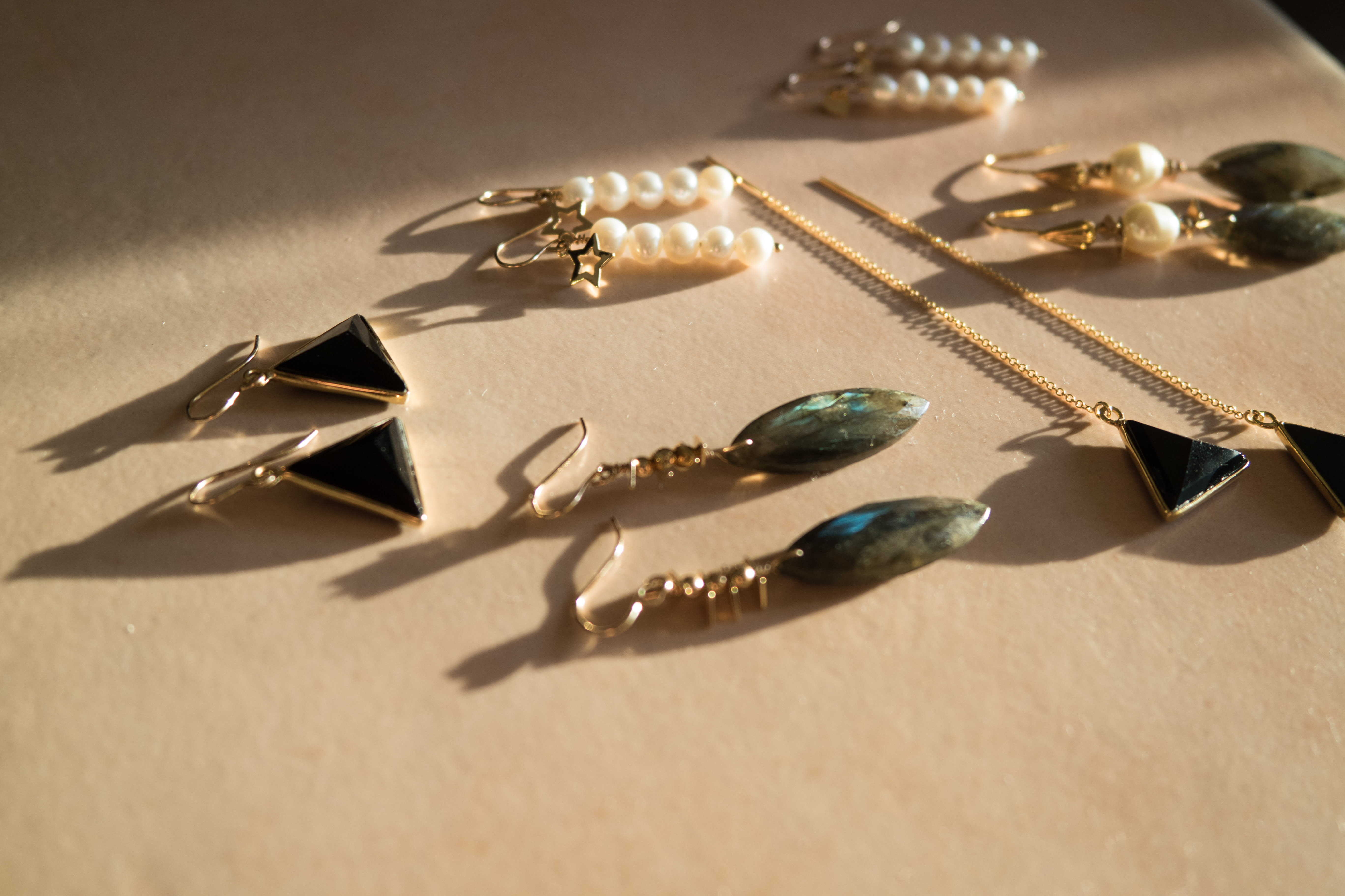 Gold filled drop earrings with gemstone and pearls