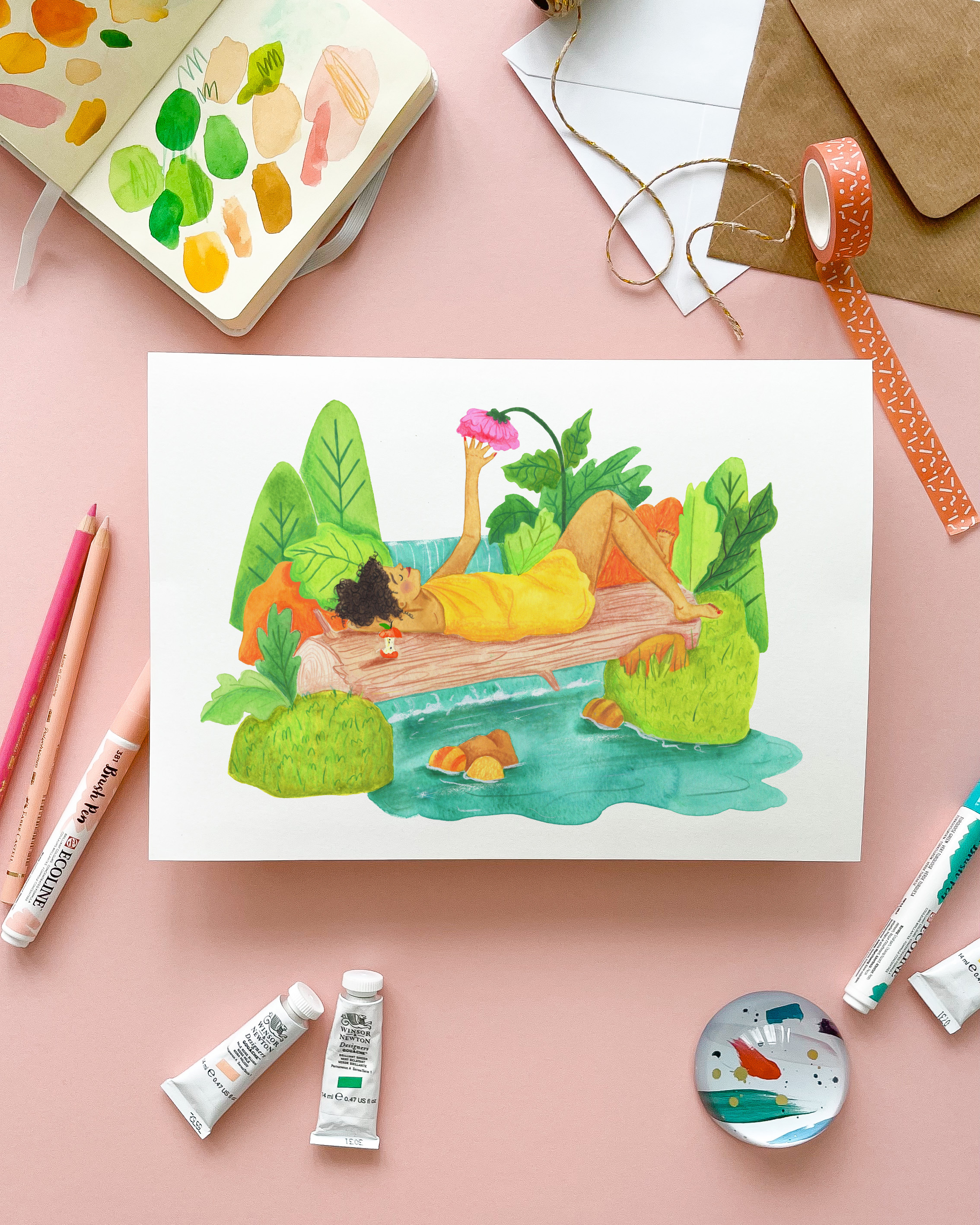 Illustrated painting, art materials and work in progress