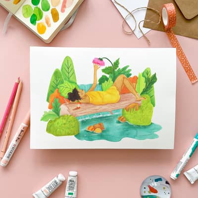 Illustrated painting, art materials and work in progress