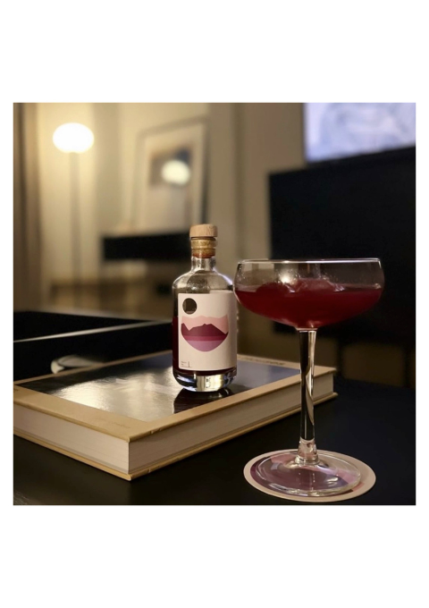 Bramble cocktail at home, bottle sitting on a coffee table book. Bramble in a stemmed glass. Lighting moody.