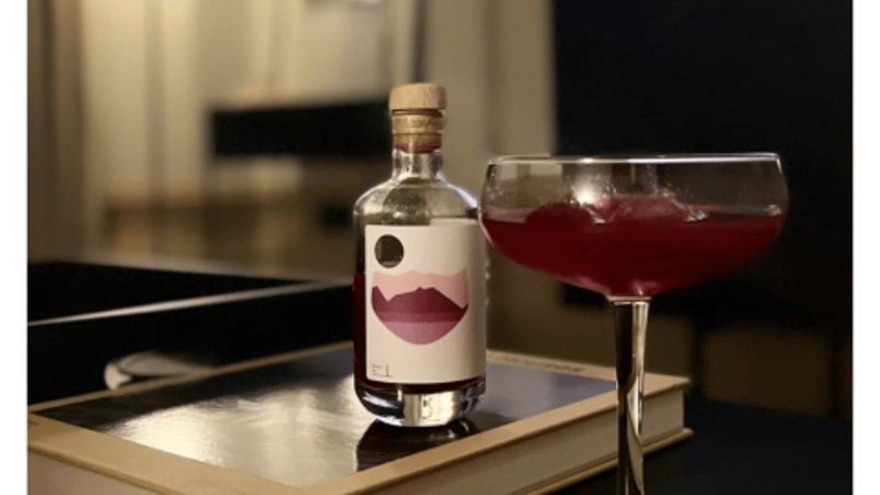 Bramble cocktail at home, bottle sitting on a coffee table book. Bramble in a stemmed glass. Lighting moody.