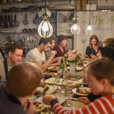 Friends enjoying a meal after class