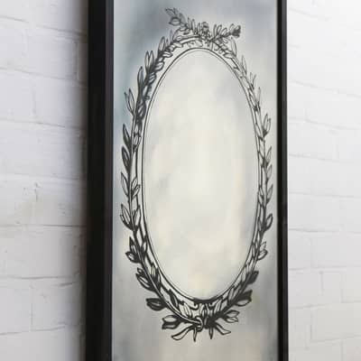 This is an image I drew onto glass which was then silvered by hand to create this stunning unique mirror and we can create these with your logo or drawing.