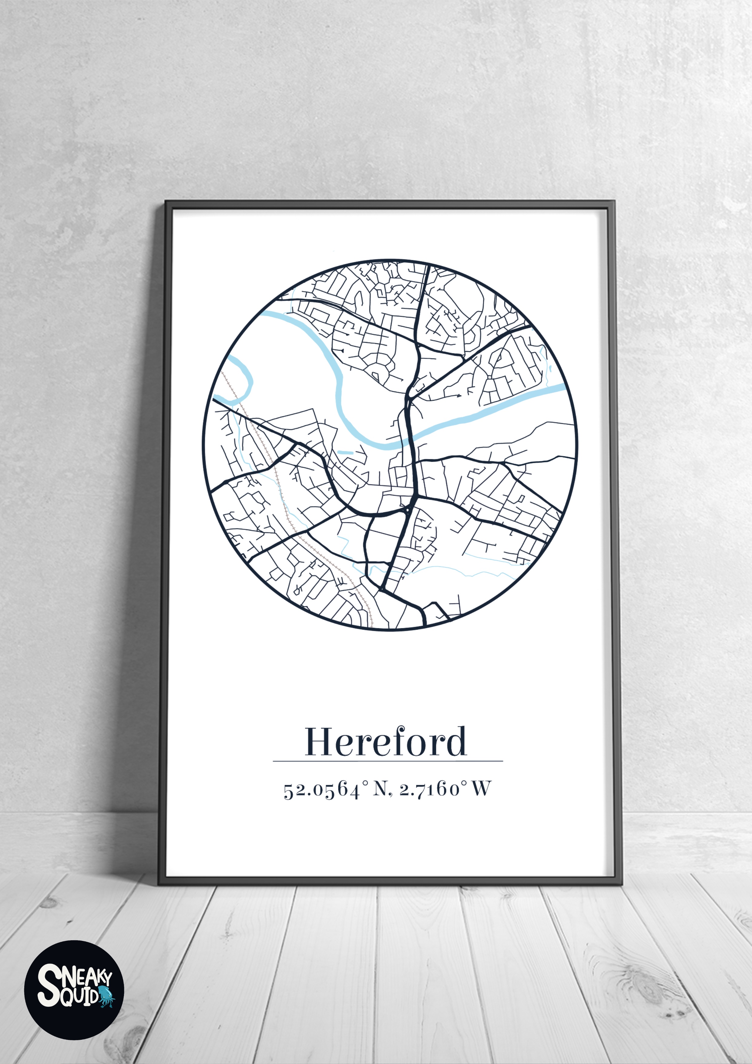Map of the city of Hereford with longitude and latitude. 