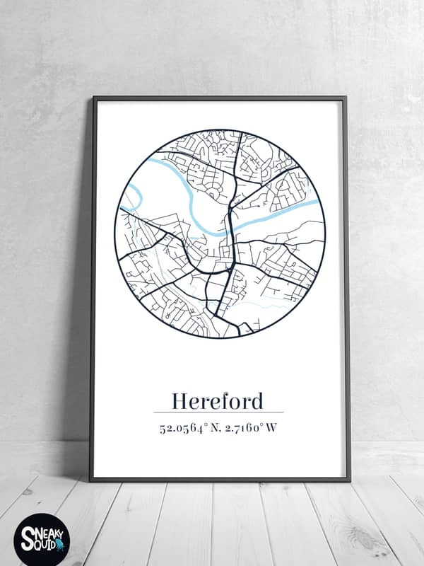 Map of the city of Hereford with longitude and latitude.