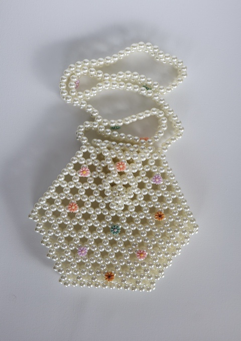 Hexagonal faux pearl bag with colourful flowers
