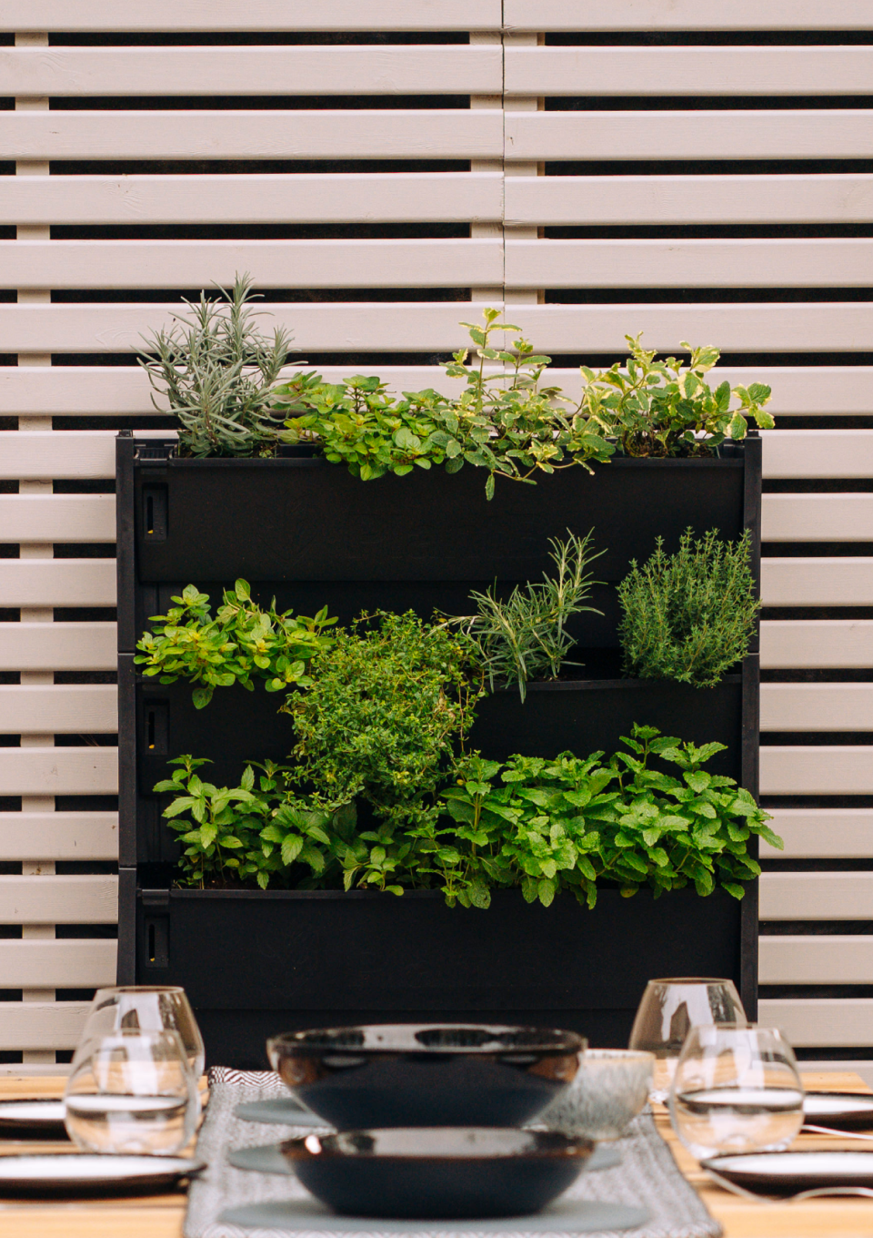 Image of a Herb Filled Living Wall with dining table in front