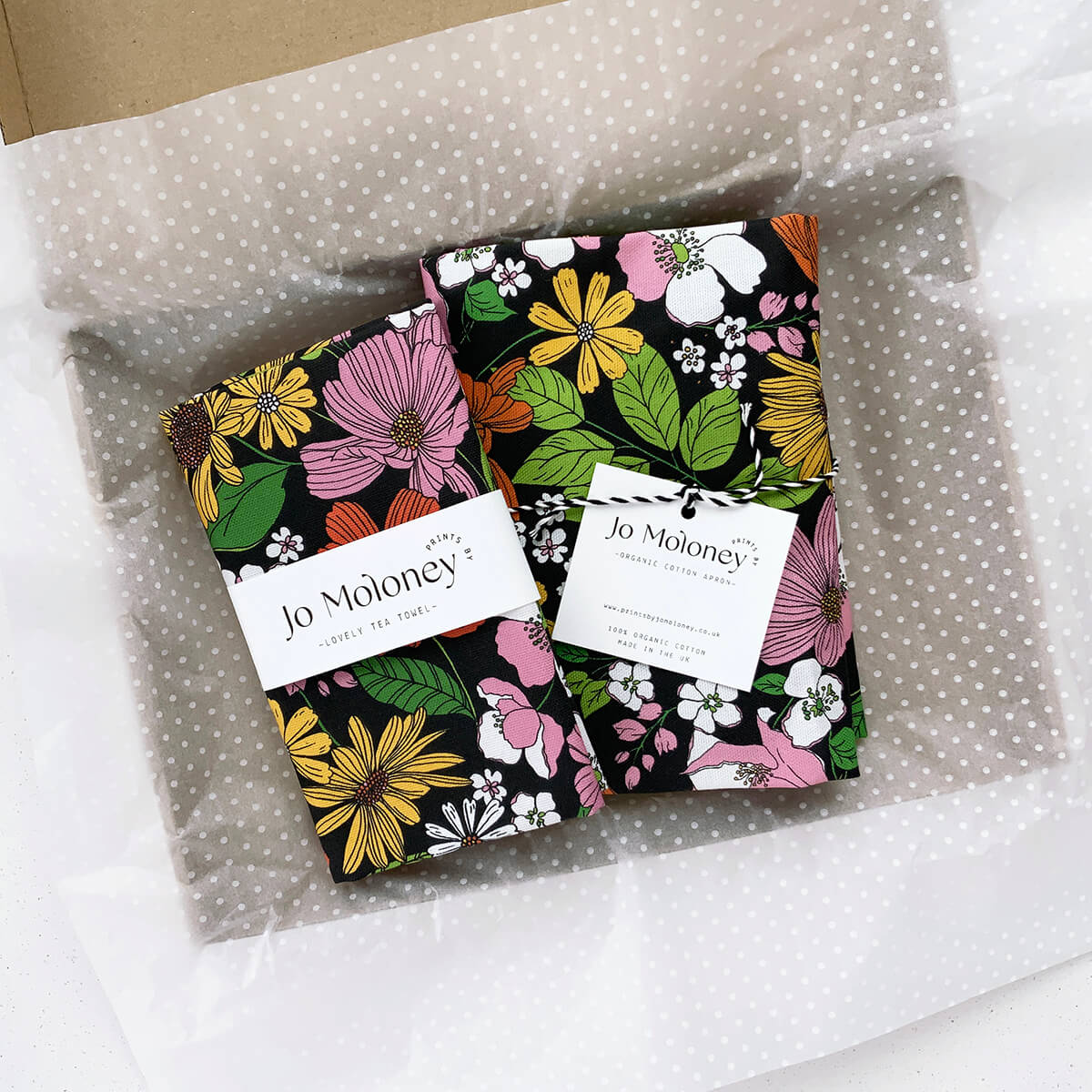 Tea towel and apron packaged in tissue paper & box