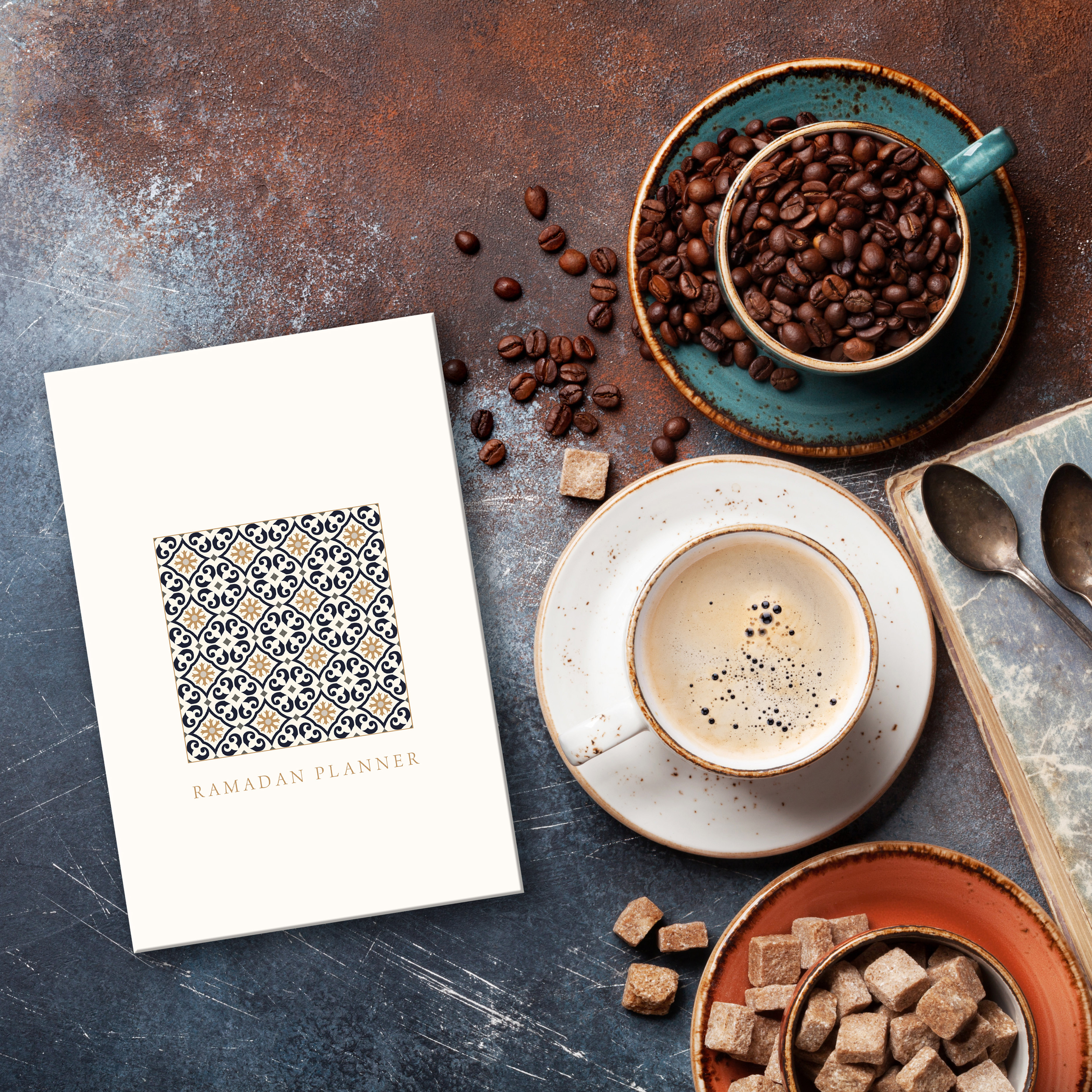 Ramadan Planner with cups of coffee, coffee beans and sugar cubes